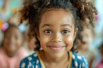 Afro-American girl in preschool, cheerful child in educational environment, playful learning.