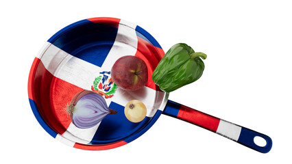 Dominican Republic Flag Emblem on Red and Blue Pan with Vegetables - 766395180