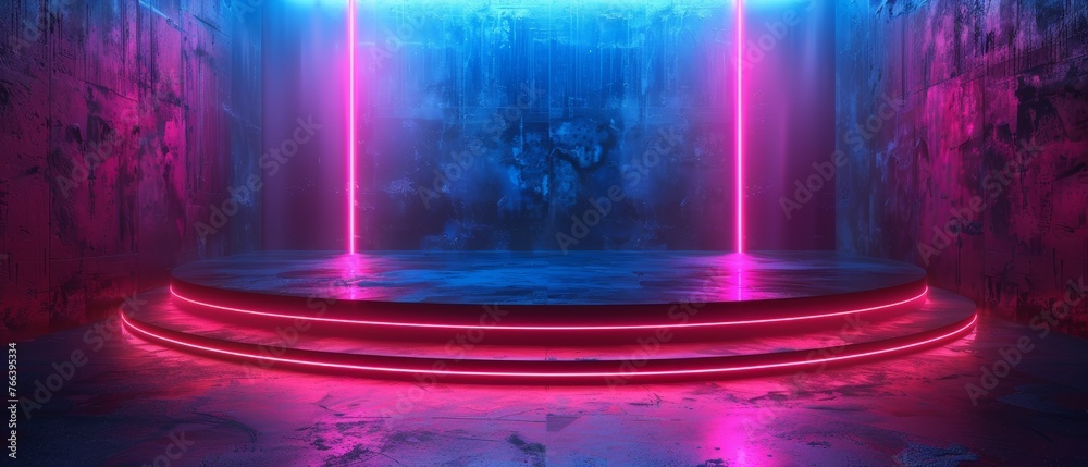 Poster This futuristic 3D Cyberpunk Techno Showcase redefines the very concept of high-tech excellence with electrifying innovations for product display