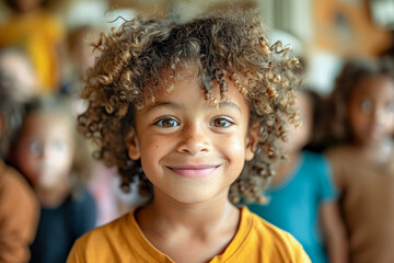Preschool student, African American boy in kindergarten, smiling pupil, classroom fun.