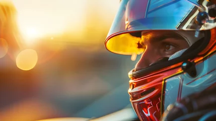 Fotobehang Close up of race car driver in helmet on the race track with space for text © digitalpochi