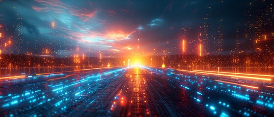 Navigating 3D futuristic sci-fi empty space pathways with glowing light strips in neon blue and orange colors. - obrazy, fototapety, plakaty