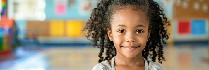 Girl in kindergarten, happy pupil in classroom setting, surrounded by diverse classmates,banner