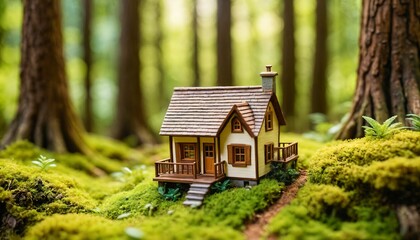 Fototapeta na wymiar photo of miniature scene small model little house in deep wood forest , generative AI