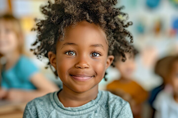 African American toddler in kindergarten, happy child in classroom, preschool learning, playful education.