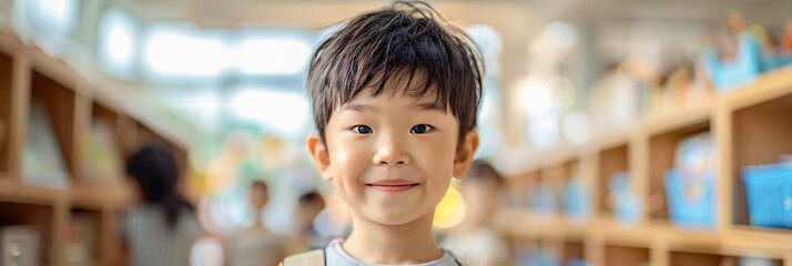 Young schoolboy in kindergarten, Asian child enjoying educational games, early learning,banner