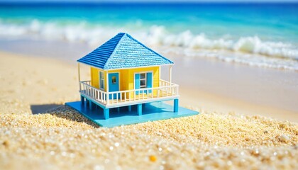 Obraz premium photo of miniature scene small model little house in ocean sea beach, generative AI