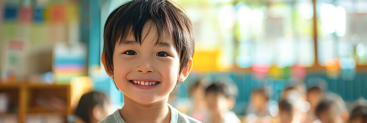 Kindergarten classroom, Asian boy immersed in learning and exploration, preschool fun,banner