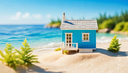 Fototapeta premium photo of miniature scene small model little house in ocean sea beach, generative AI