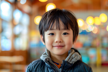 Asian kindergarten student, cheerful boy exploring educational activities, early childhood...