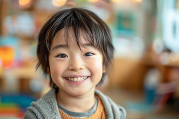 Happy preschooler, Asian boy in kindergarten classroom, playful learning atmosphere.