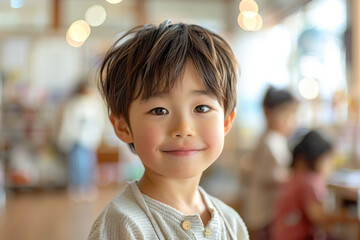 Kindergarten kid, young Asian boy engaged in learning through play, preschool development.