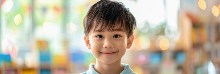 Asian toddler in kindergarten, cheerful boy involved in classroom activities, preschool joy,banner