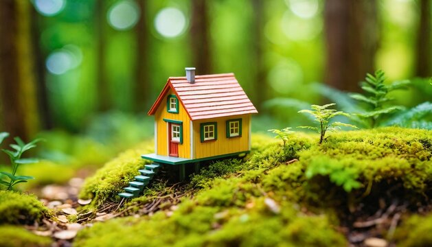 photo of miniature scene small model little house in deep wood forest , generative AI
