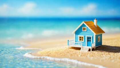 Fototapeta na wymiar photo of miniature scene small model little house in ocean sea beach, generative AI