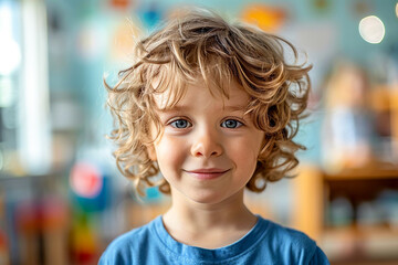 Kindergarten boy, joyful pupil experiencing the joys of childhood in a school setting.