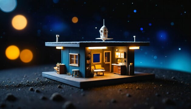 photo of miniature scene small model little house at outer space world, generative AI