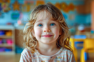 Child in kindergarten, young girl learning, classroom education, playful atmosphere