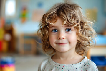 Girl in preschool, joyful classroom, happy child, early education
