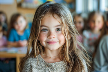 Preschooler girl, smiling in class, early childhood education, happy student.