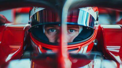 Fototapeta premium Close up of race car driver in helmet on the race track