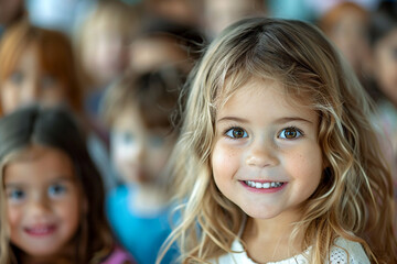 Girl in kindergarten, smiling student, indoor classroom, playful education.