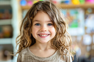 Kindergarten child, happy classroom, joyful girl, early learning.