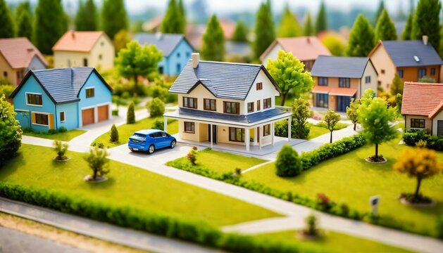 photo of miniature scene small model modern house village , generative AI