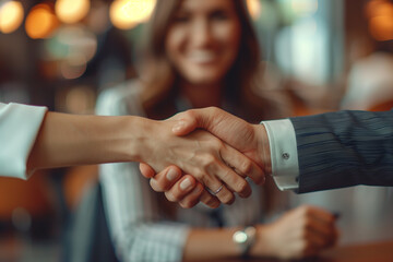 Business handshaking to contract agreement, close up of business person hands doing handshake for success contract