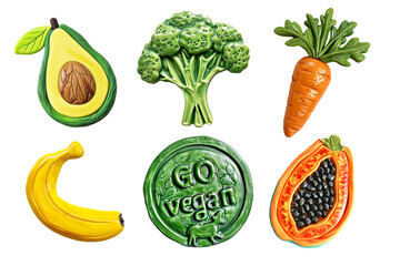 Refrigerator magnets decoration set.  Fruts and vegetable, vegetarian, vegan art concept
