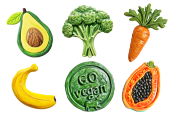 Refrigerator magnets decoration set.  Fruts and vegetable, vegetarian, vegan art concept
