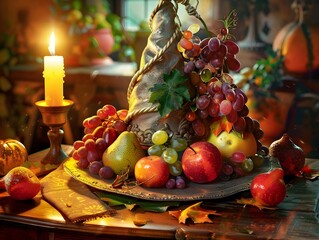 Bountiful Autumnal Harvest Overflowing with Magical Fruits in Candlelit Baroque Still Life