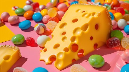 Fototapeta na wymiar Captivating Fusion of Vibrant Cheese and Candy in a Macro Composition with Dramatic Shadows and High