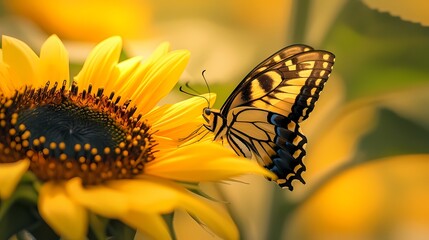 A close-up of a butterfly perched on a vibrant yellow sunflower, sipping nectar from the delicate petals.