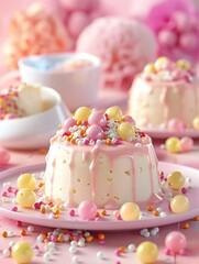 Soft and Creamy Pastel Candy Topped Dessert in Elegant Studio Setting