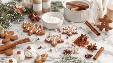 Fototapeta na wymiar A festive Christmas baking scene featuring ingredients for homemade gingerbread cookies on a marble