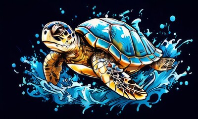 Turtle gracefully swimming in water. For educational materials for kids, game design, animated movies, tourism, stationery, Tshirt design, posters, postcards, childrens books.