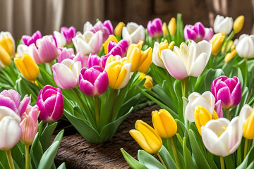 Easter Floral Delight. A composition featuring a variety of fresh spring flowers tulips