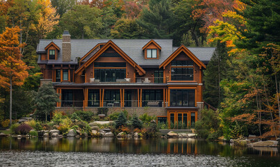 Obraz premium Luxury and modern house in the middle of forest next to lake.