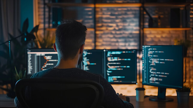  A man sitting in a chair in front of two computer monitors, working on his computer. Entrepreneur, technology company. Programmer.