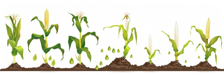 Obraz premium Corn Growing Process in Flat Design: Realistic Botanical Illustration of Beautiful Corn Plantation with Closeup of Brown Corn Crop on Tree Branch Background in Seasonal Agriculture