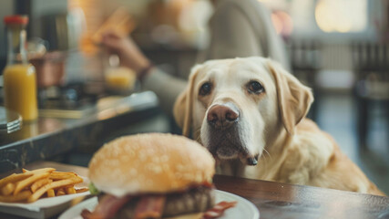 photo of a dog mesmerized by its owner eating a Bacon on a hamburger in a clean and modern kitchen