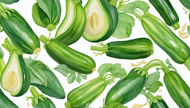 Watercolor illustration of zucchini colorful background