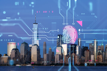 Double exposure of Manhattan skyline with digital hologram, concept of future technology in...