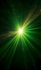 Fototapeta na wymiar Asymmetric burst of green rays of light on a dark green background with green, yellow and gold sparkles