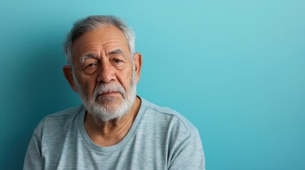 Obraz premium Loneliness Concept with Unhappy Elderly Middle Eastern Man, Blue Background