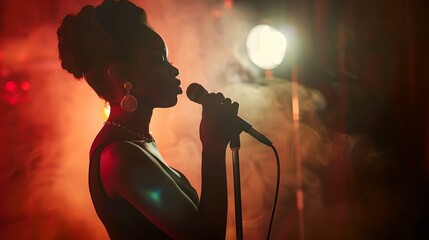 Silhouette of a female singer performing passionately on stage in dim light