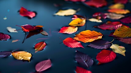 Vibrant autumn leaves floating peacefully on serene water surface