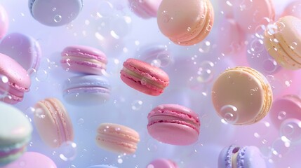 Colorful macarons floating in dreamy pastel background with sparkling light effects
