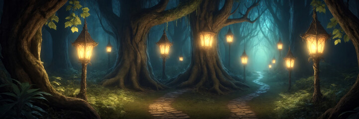 Fantasy forest with fog and lanterns